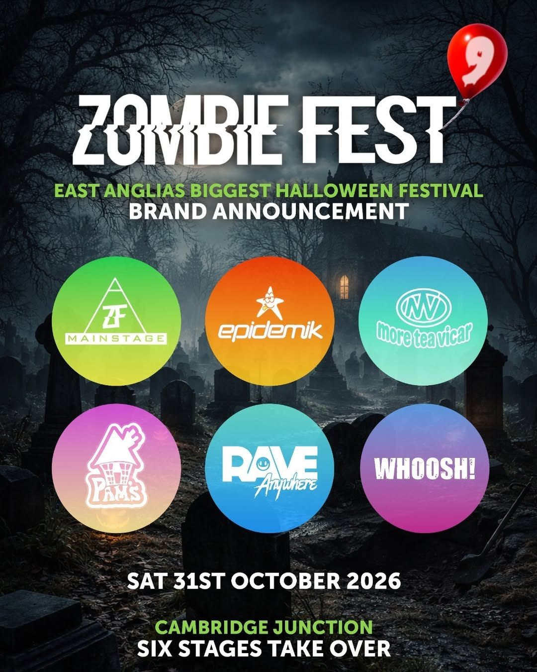 Zombie Fest 9 brand announcement artwork with six stage roundels — ZF Mainstage, Epidemik, More Tea Vicar, Pam's, Rave Anywhere and Whoosh! — set in a moonlit graveyard, Cambridge Junction, Sat 31st October 2026