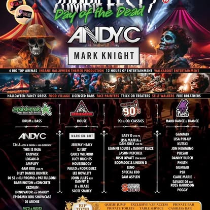 Zombie Fest 7 Day of the Dead line-up poster with Andy C and Mark Knight headlining, four arenas, immersive Halloween production