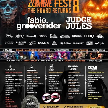 Zombie Fest 8 line-up poster: Fabio & Grooverider and Judge Jules headlining, six stages, 70+ acts, Cambridge Junction